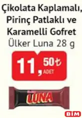 ÜLKER LUNA ÇİKOLATA KAPLAMALI PİRİNÇ PATLAKLI VE KARAMELLİ GOFRET 28 G fiyat ve kampanya bilgisi